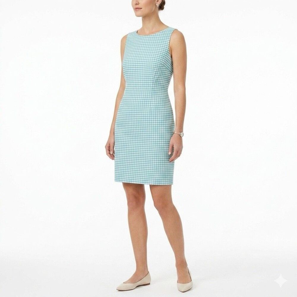 Talbots Dress Womens 10P Blue Gingham Silk Sheath Sleeveless Knee Length Lined